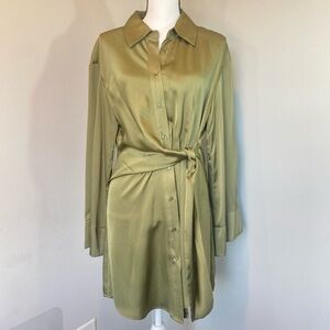 Gianni Bini Olive Green Satin Faux Wrap Shirt Dress NWT Size Large Wide Sleeve